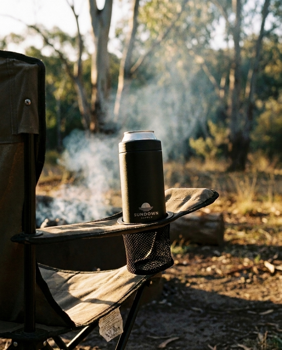 Sundown cooler in a camp chair cupholder at the campsite