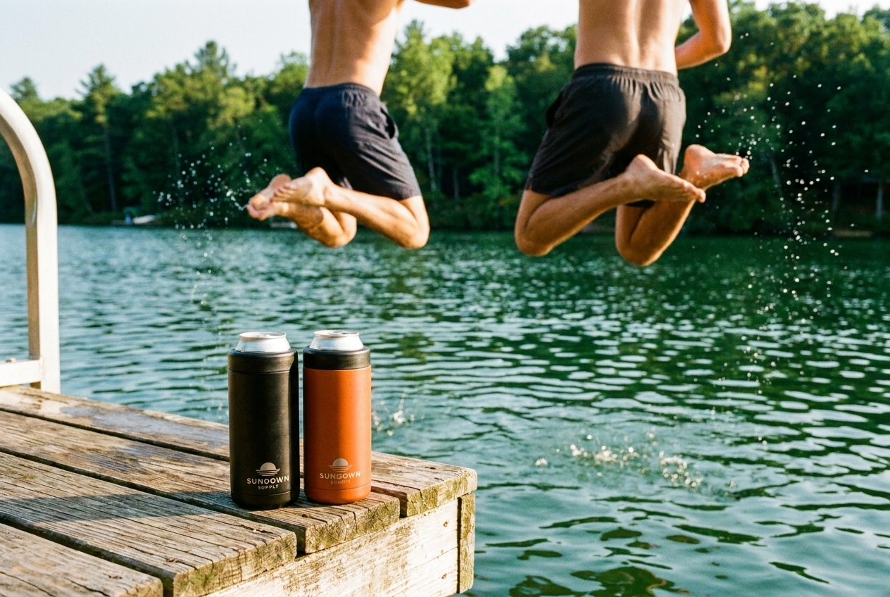 Mates jumping off the dock, Sundown coolers in the foreground