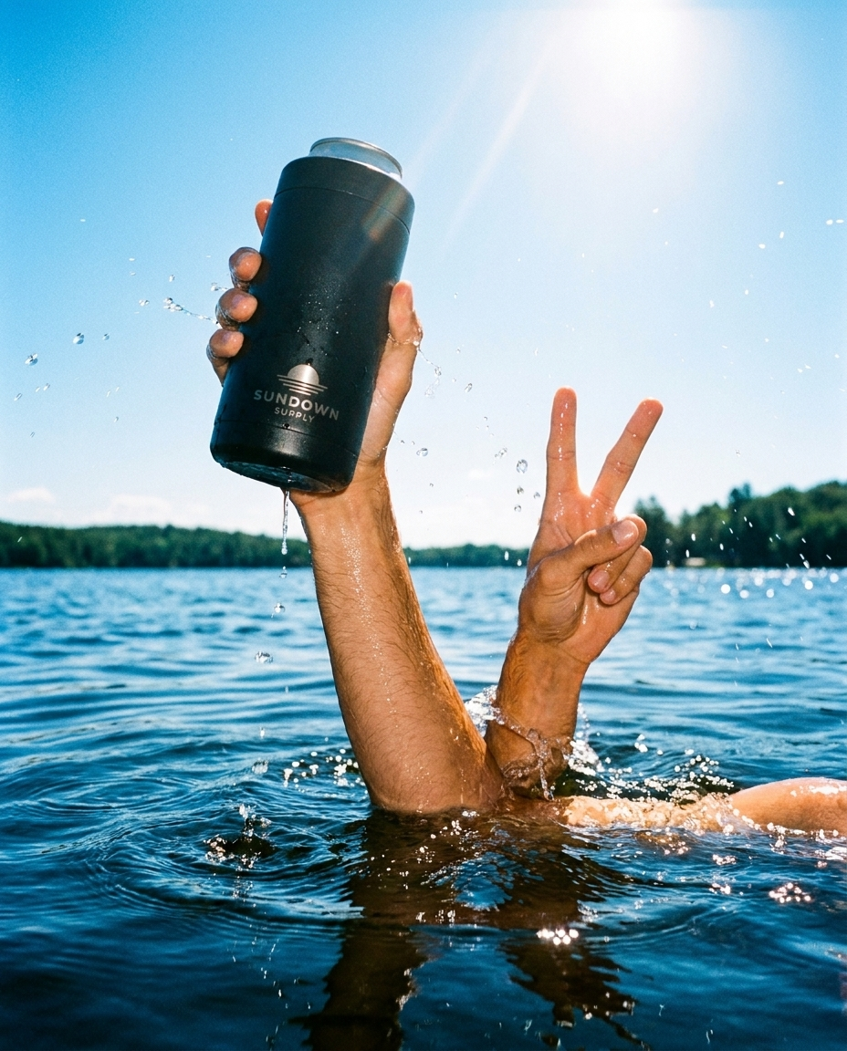 Hand holding Sundown cooler out of the lake